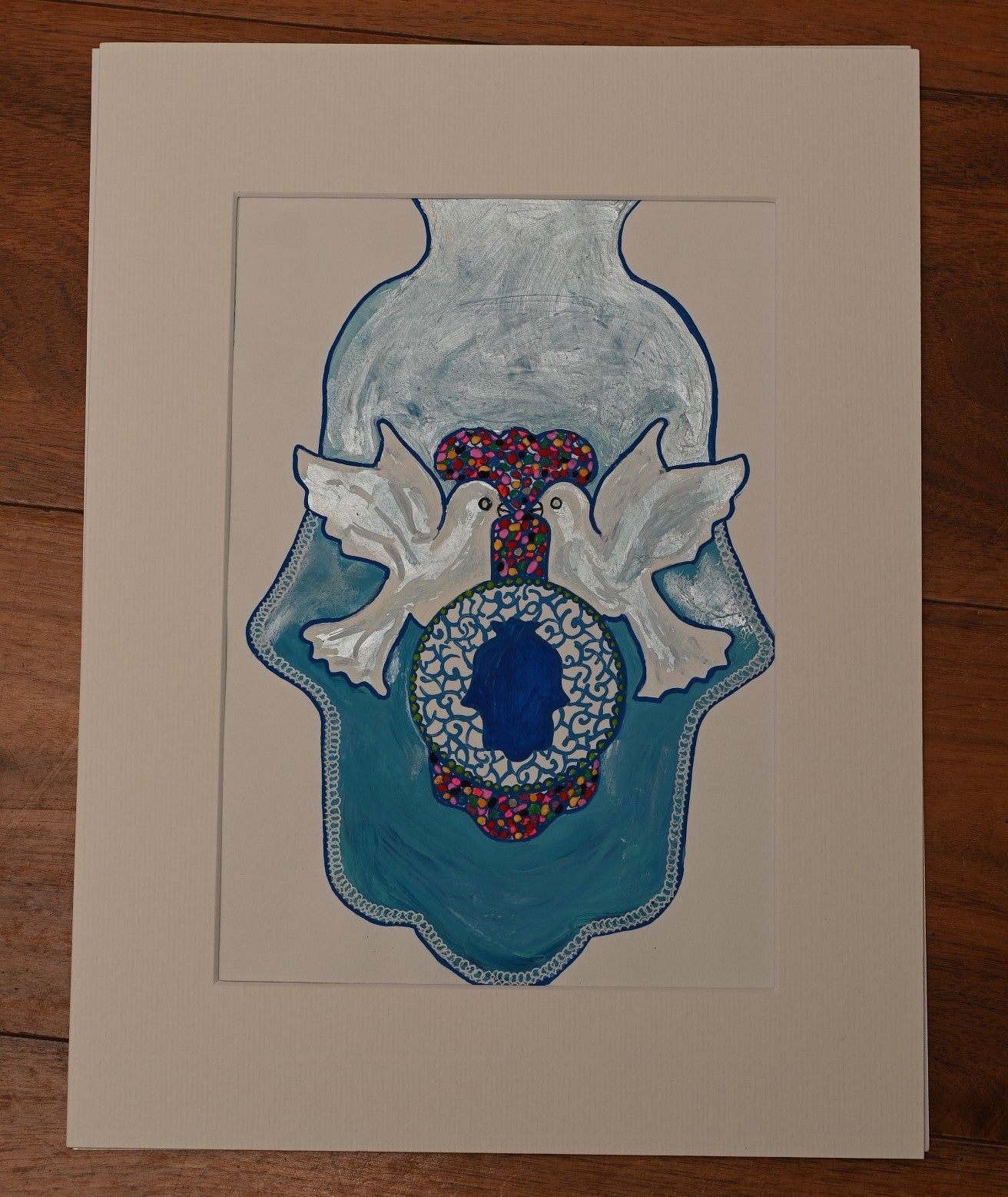 Doves On A Blue Hamsa Giclée Paper Print Special Giclee