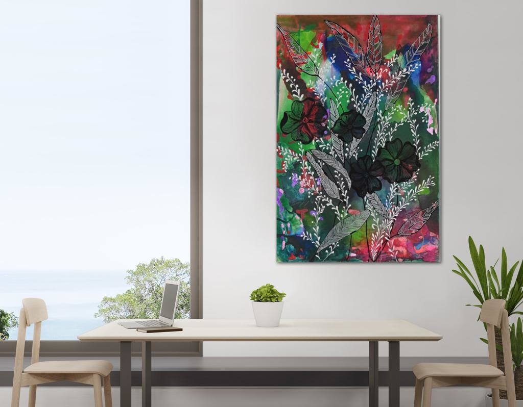 Black Flowers On Smoky Emerald A- Mixed Media Ready Bespoke Art Piece / 100X152Cm (39X60In)