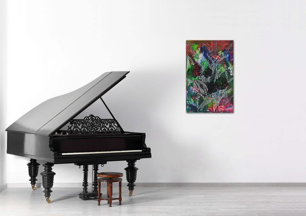Black Flowers On Smoky Emerald A- Mixed Media Ready Bespoke Art Piece / 20X31Cm (9X12In)