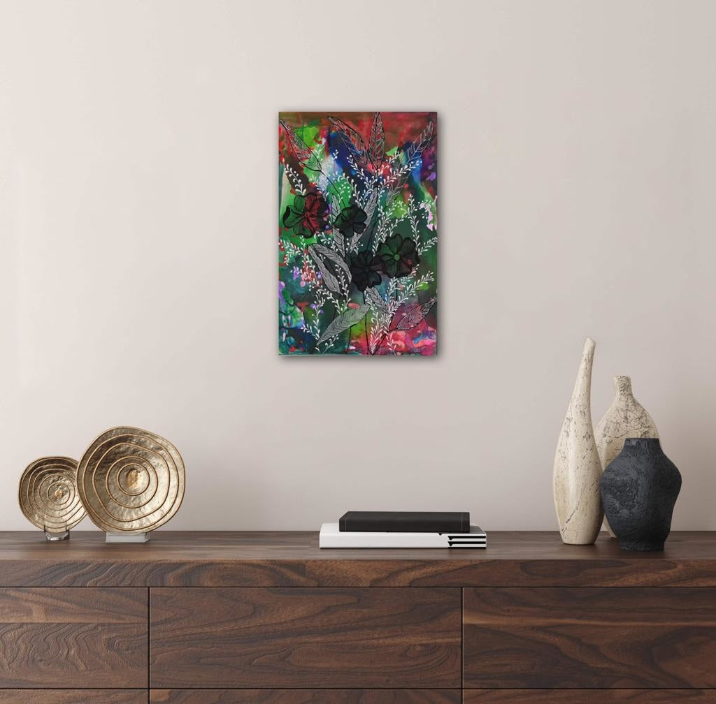Black Flowers On Smoky Emerald A- Mixed Media Ready Bespoke Art Piece / 50X76Cm (20X30In)