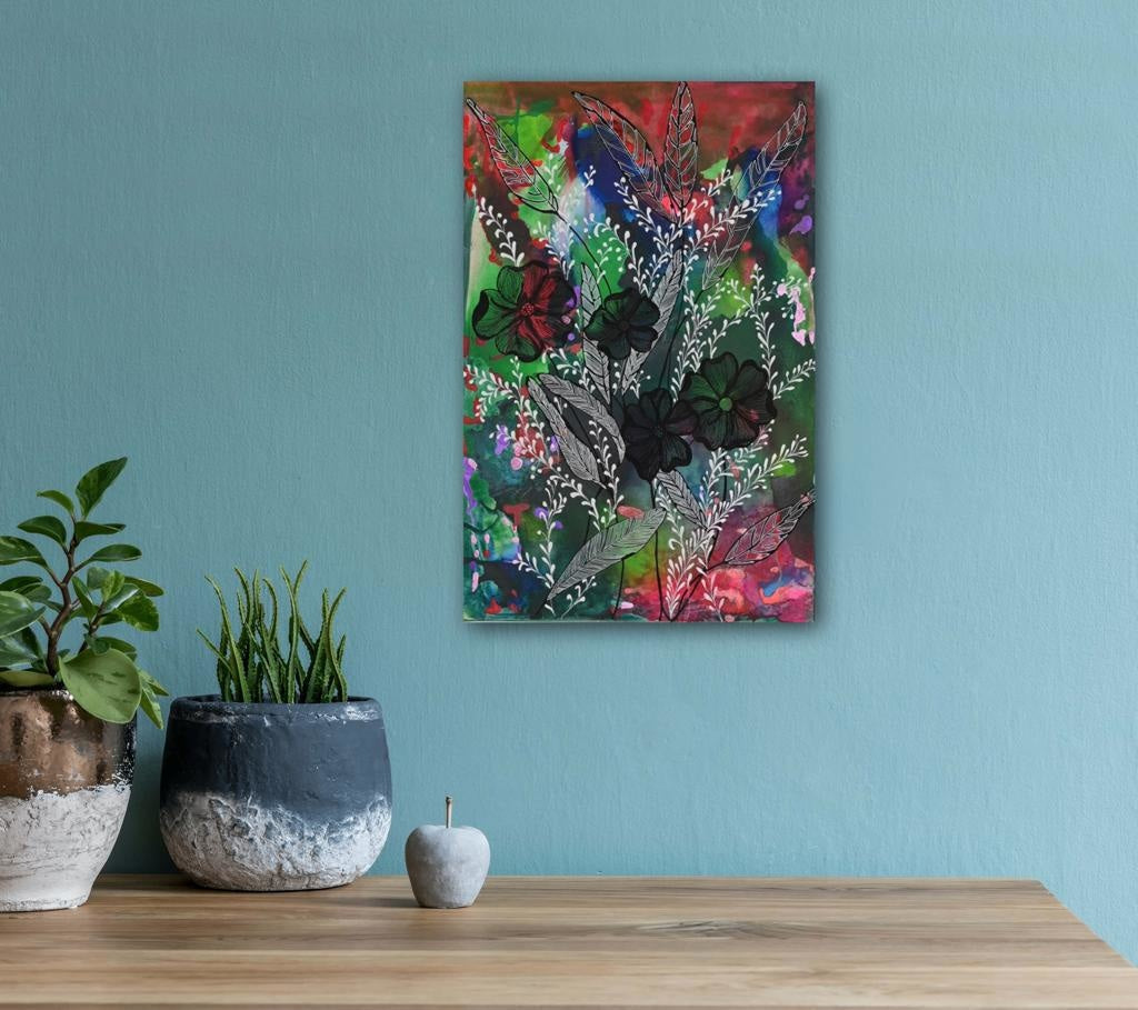 Black Flowers On Smoky Emerald A- Mixed Media Ready Bespoke Art Piece / 70X107Cm (28X42In)