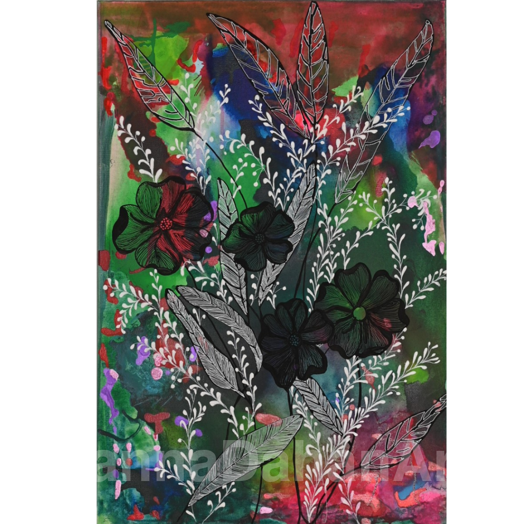 Black Flowers On Smoky Emerald Bespoke Art