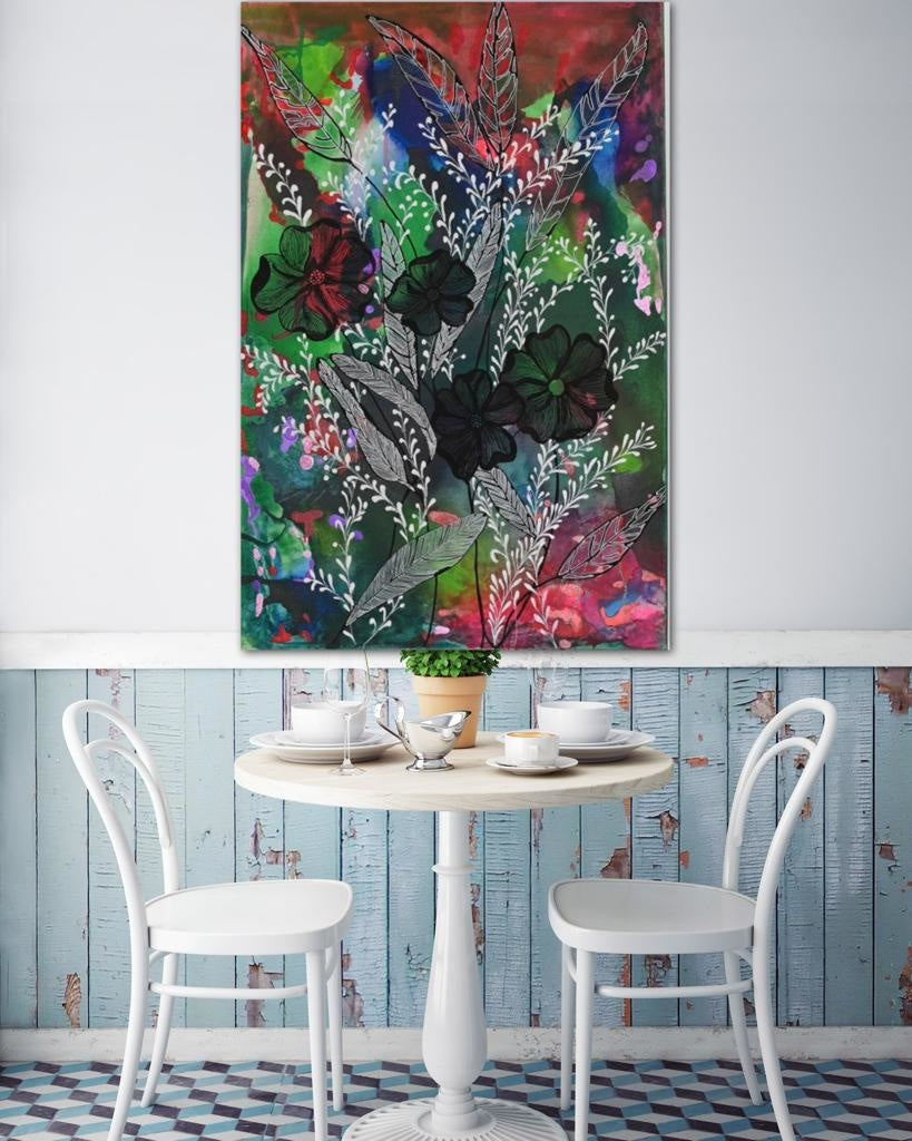 Black Flowers On Smoky Emerald Bespoke Art