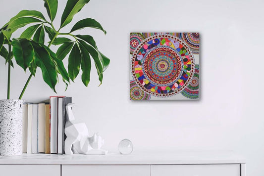 Central Mandala Surrounded By Smaller Ones A- Mixed Media Ready Bespoke Art Piece / 25X25Cm