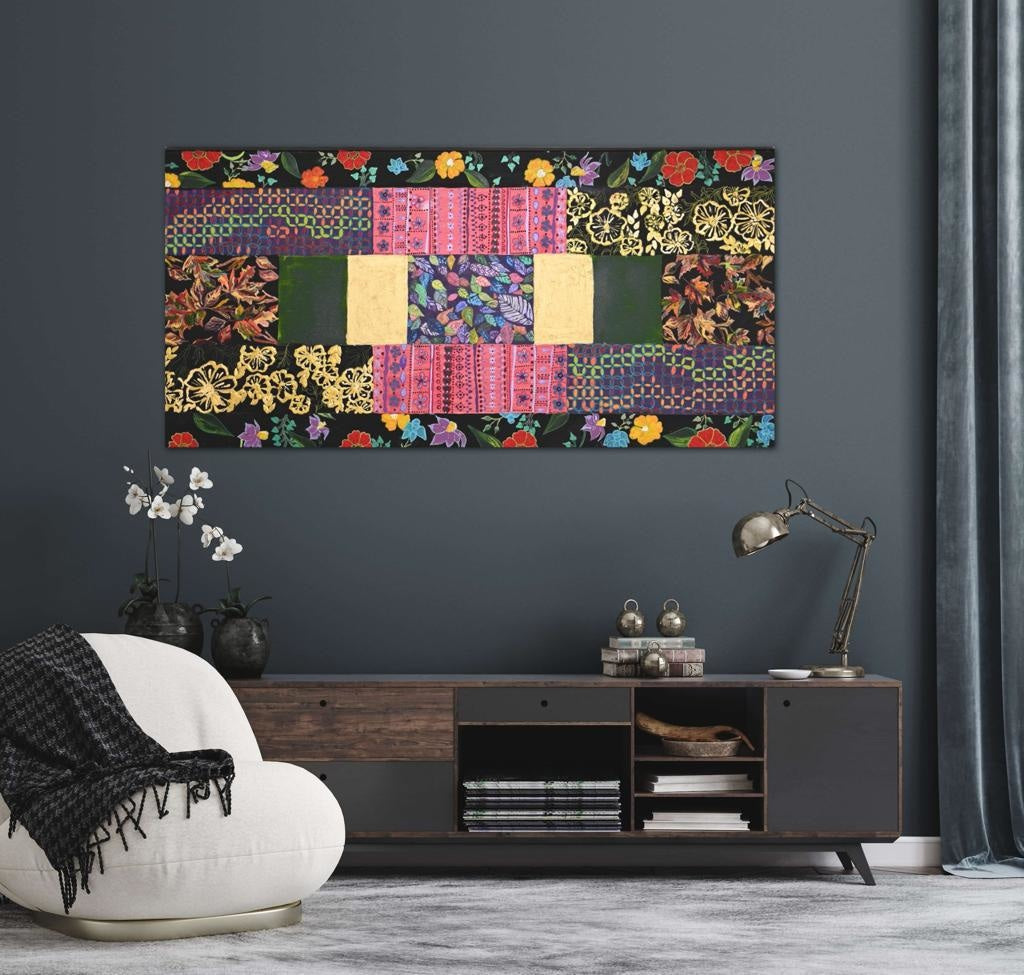 Floral Patchwork On A Black Background B- Mixed Media Rolled Art Piece / 51X102Cm (20X40In) Bespoke