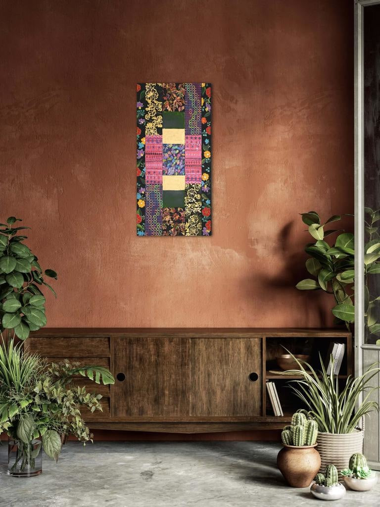 Floral Patchwork On A Black Background A- Mixed Media Ready Bespoke Art Piece / 25X51Cm (10X20In)