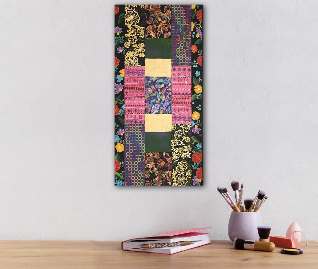 Floral Patchwork On A Black Background A- Mixed Media Ready Bespoke Art Piece / 41X81Cm (16X32In)