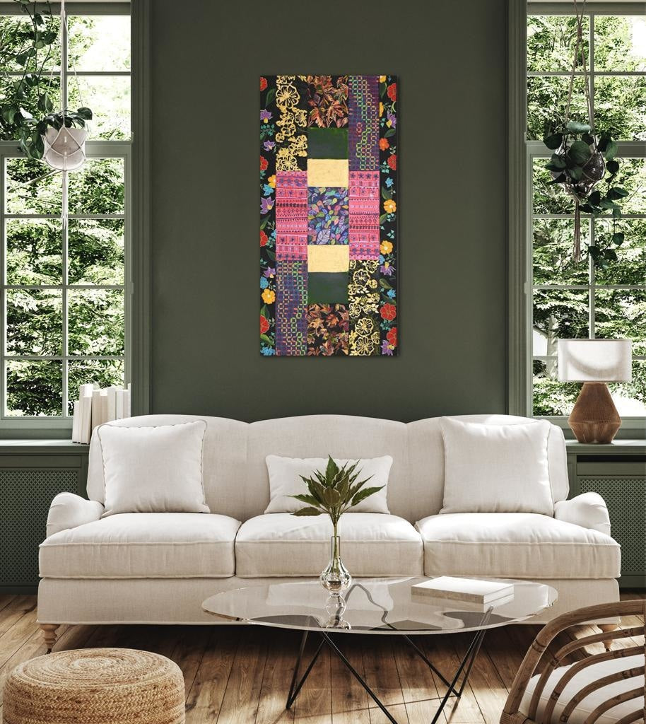 Floral Patchwork On A Black Background A- Mixed Media Ready Bespoke Art Piece / 76X152Cm (30X60In)