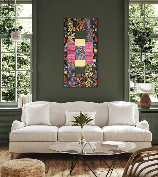 Floral Patchwork On A Black Background A- Mixed Media Ready Bespoke Art Piece / 76X152Cm (30X60In)