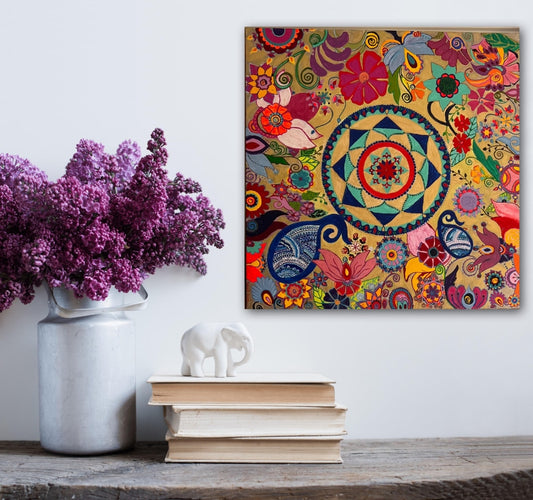 Golden Rangoli And Mandalas A- Mixed Media Ready Bespoke Art Piece / 41X41Cm (16X16In)