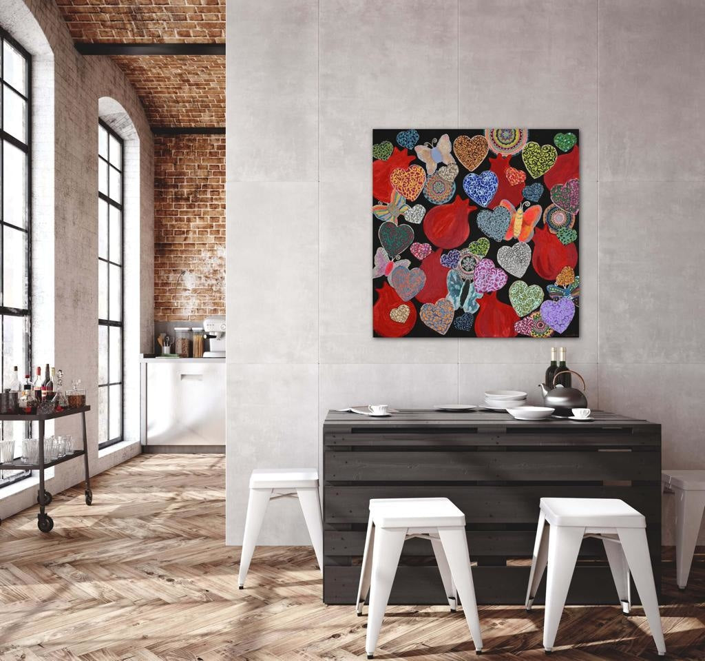 Hearts & Pomegranates On Black A- Mixed Media Ready Bespoke Art Piece / 102X102Cm (40X40In)