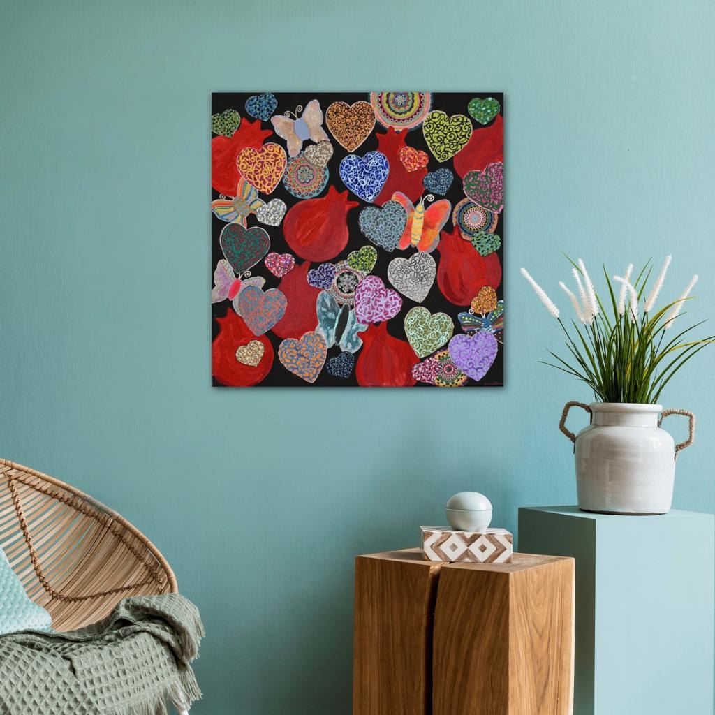 Hearts & Pomegranates On Black A- Mixed Media Ready Bespoke Art Piece / 112X112Cm (44X44In)