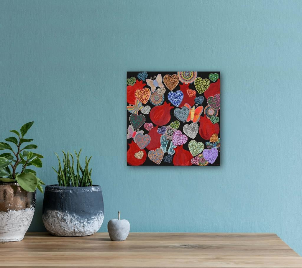 Hearts & Pomegranates On Black A- Mixed Media Ready Bespoke Art Piece / 25X25Cm (10X10In)