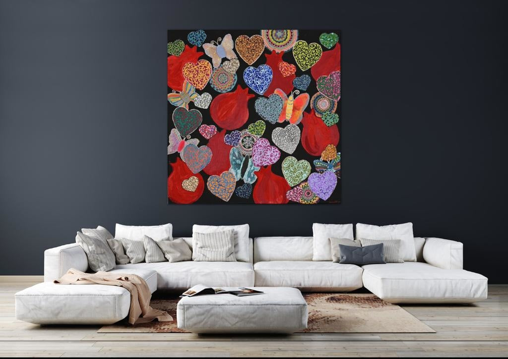 Hearts & Pomegranates On Black A- Mixed Media Ready Bespoke Art Piece / 31X31Cm (12X12In)