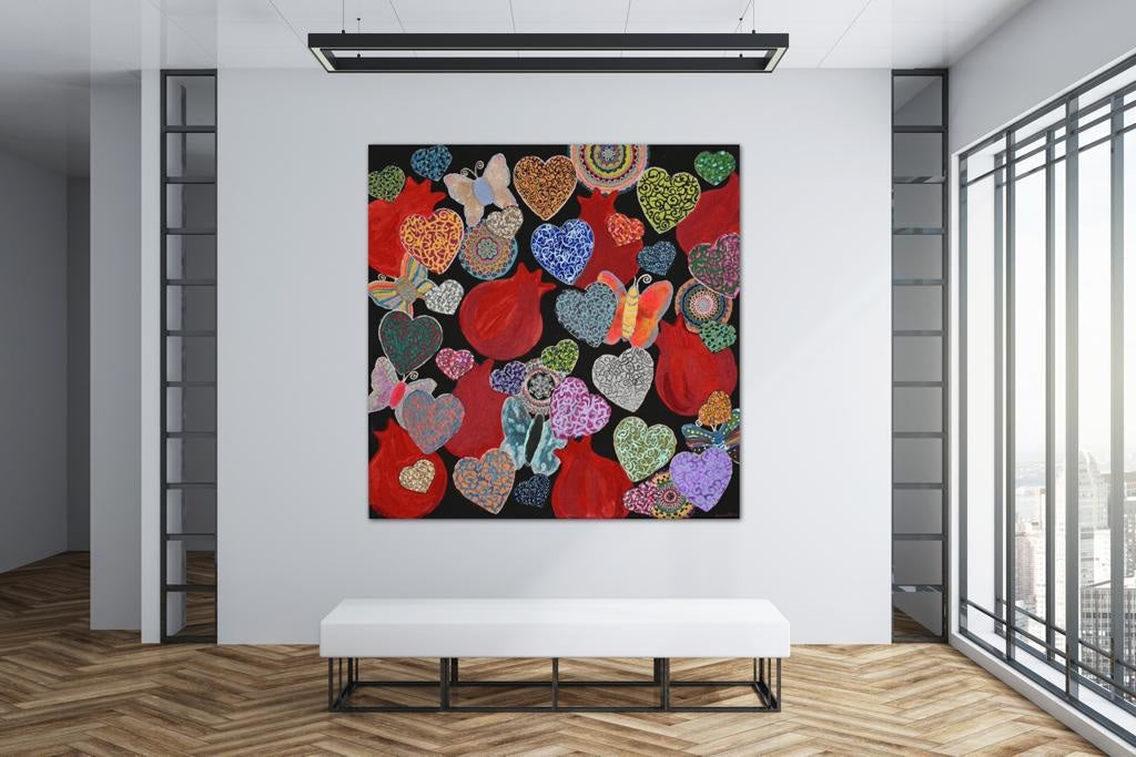 Hearts & Pomegranates On Black A- Mixed Media Ready Bespoke Art Piece / 41X41Cm (16X16In)