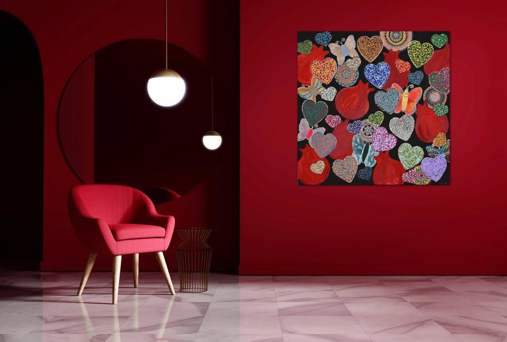 Hearts & Pomegranates On Black A- Mixed Media Ready Bespoke Art Piece / 51X51Cm (20X20In)