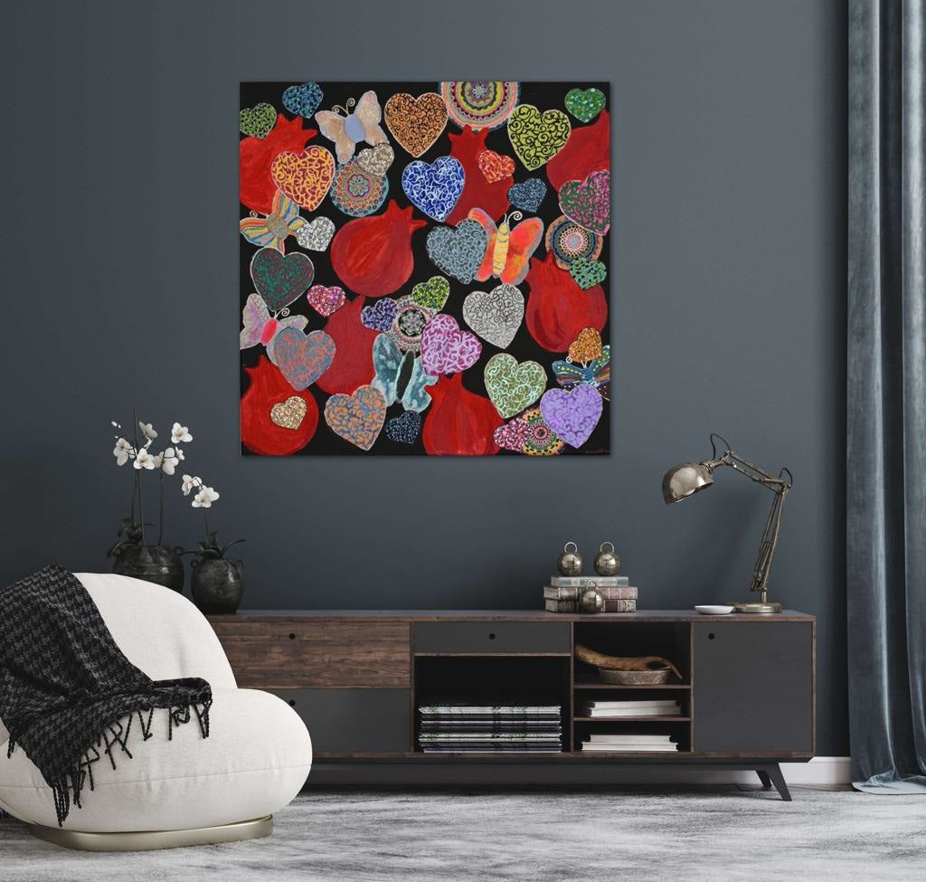 Hearts & Pomegranates On Black A- Mixed Media Ready Bespoke Art Piece / 61X61Cm (24X24In)