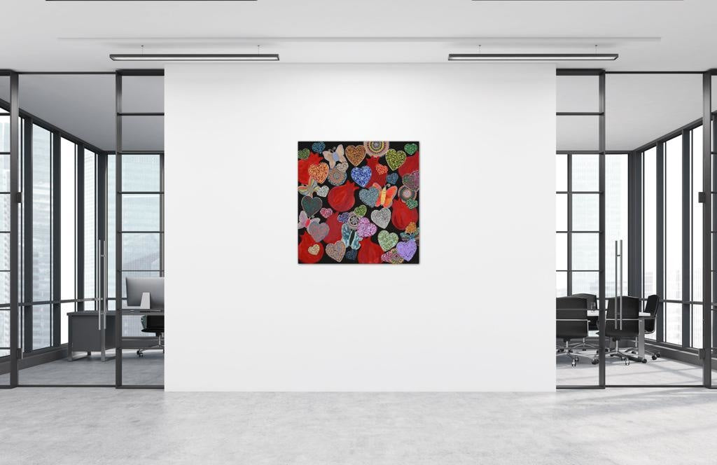 Hearts & Pomegranates On Black A- Mixed Media Ready Bespoke Art Piece / 71X71Cm (28X28In)