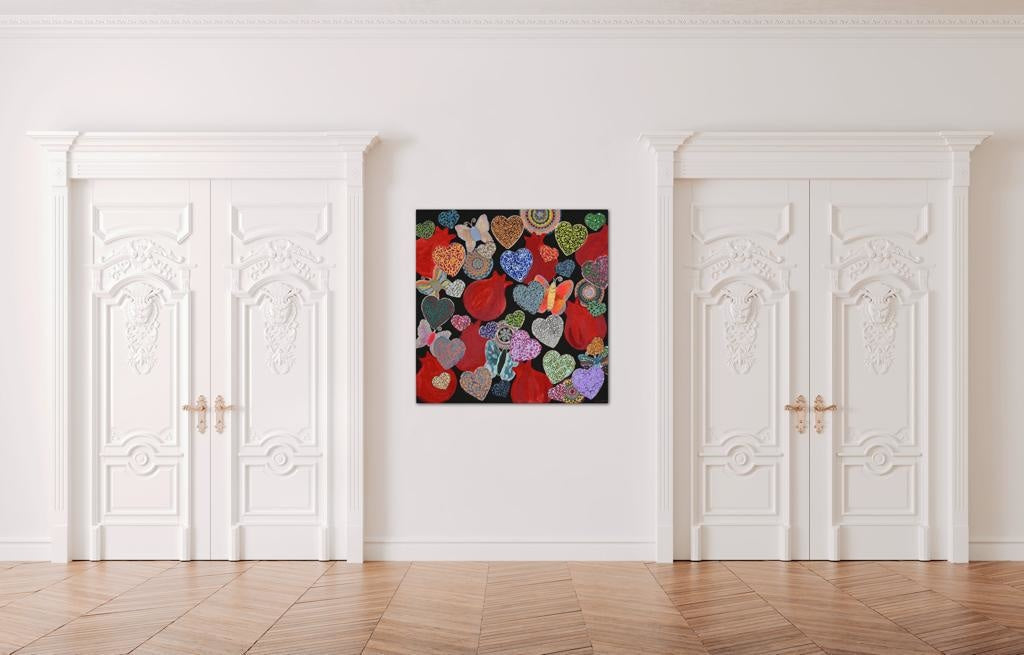 Hearts & Pomegranates On Black A- Mixed Media Ready Bespoke Art Piece / 81X810Cm (31X31In)