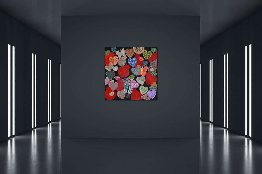 Hearts & Pomegranates On Black A- Mixed Media Ready Bespoke Art Piece / 91X91Cm (36X36In)