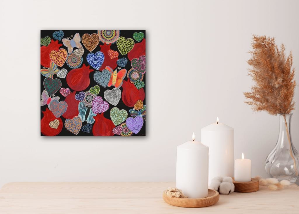Hearts & Pomegranates On Black Bespoke Art