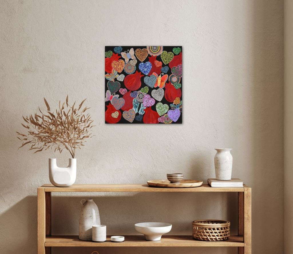 Hearts & Pomegranates On Black Bespoke Art