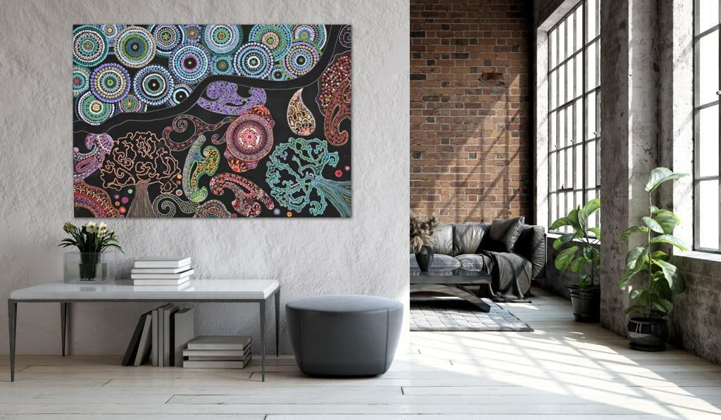 Mandalas And Aquatic Plants In A Colourful Flow A- Mixed Media Ready Bespoke Art Piece / 100X144