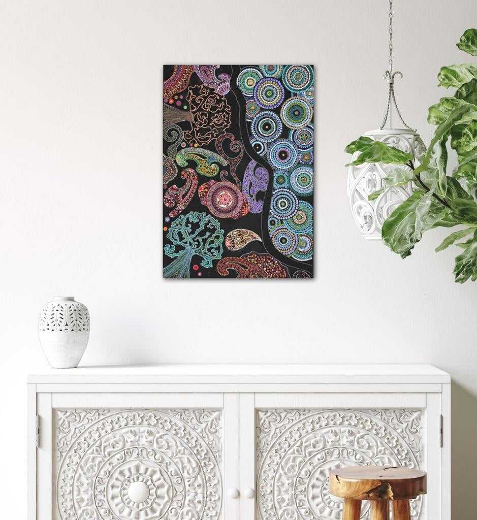 Mandalas And Aquatic Plants In A Colourful Flow A- Mixed Media Ready Bespoke Art Piece / 20X28Cm