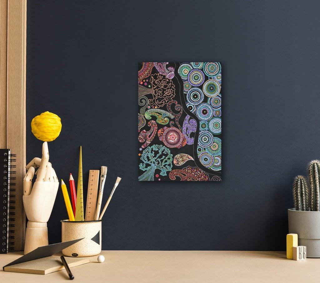 Mandalas And Aquatic Plants In A Colourful Flow A- Mixed Media Ready Bespoke Art Piece / 40X58Cm