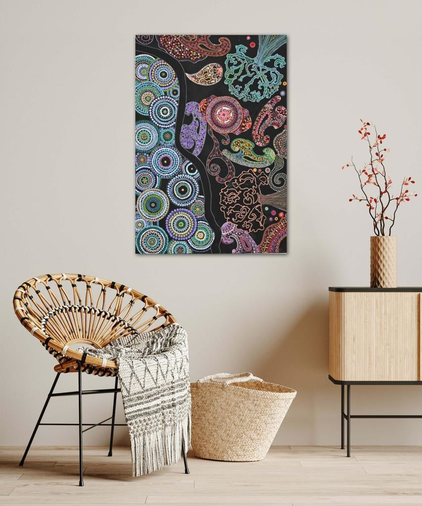 Mandalas And Aquatic Plants In A Colourful Flow A- Mixed Media Ready Bespoke Art Piece / 61X88Cm