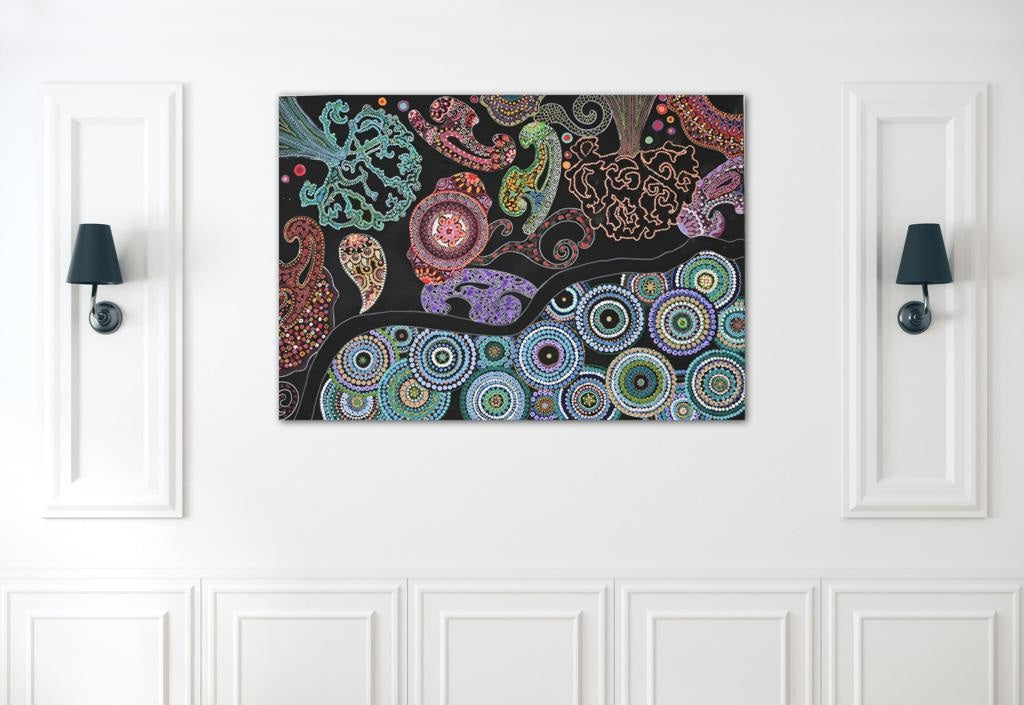 Mandalas And Aquatic Plants In A Colourful Flow A- Mixed Media Ready Bespoke Art Piece / 70X101Cm