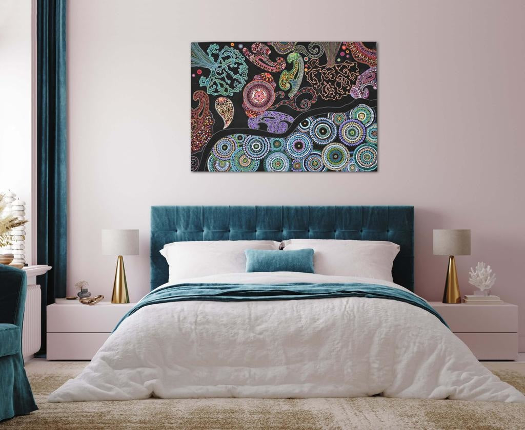 Mandalas And Aquatic Plants In A Colourful Flow A- Mixed Media Ready Bespoke Art Piece / 80X115Cm