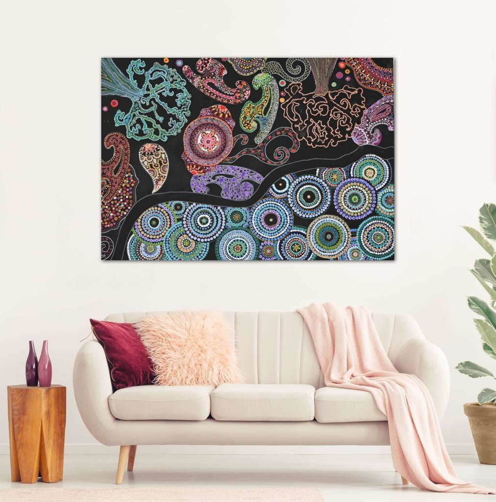 Mandalas And Aquatic Plants In A Colourful Flow A- Mixed Media Ready Bespoke Art Piece / 90X130Cm