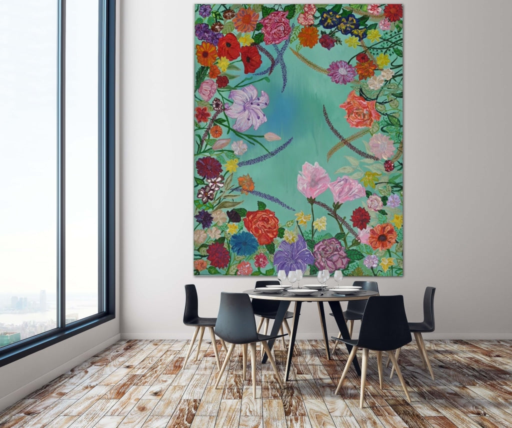 Paradise Flowers In Dreamy Blue A- Mixed Media Ready Bespoke Art Piece / 100X132Cm (39X52In)