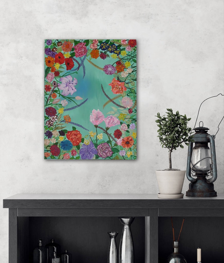Paradise Flowers In Dreamy Blue A- Mixed Media Ready Bespoke Art Piece / 40X53Cm (16X21In)