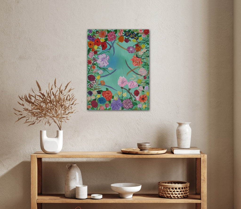 Paradise Flowers In Dreamy Blue A- Mixed Media Ready Bespoke Art Piece / 50X66Cm (20X26In)