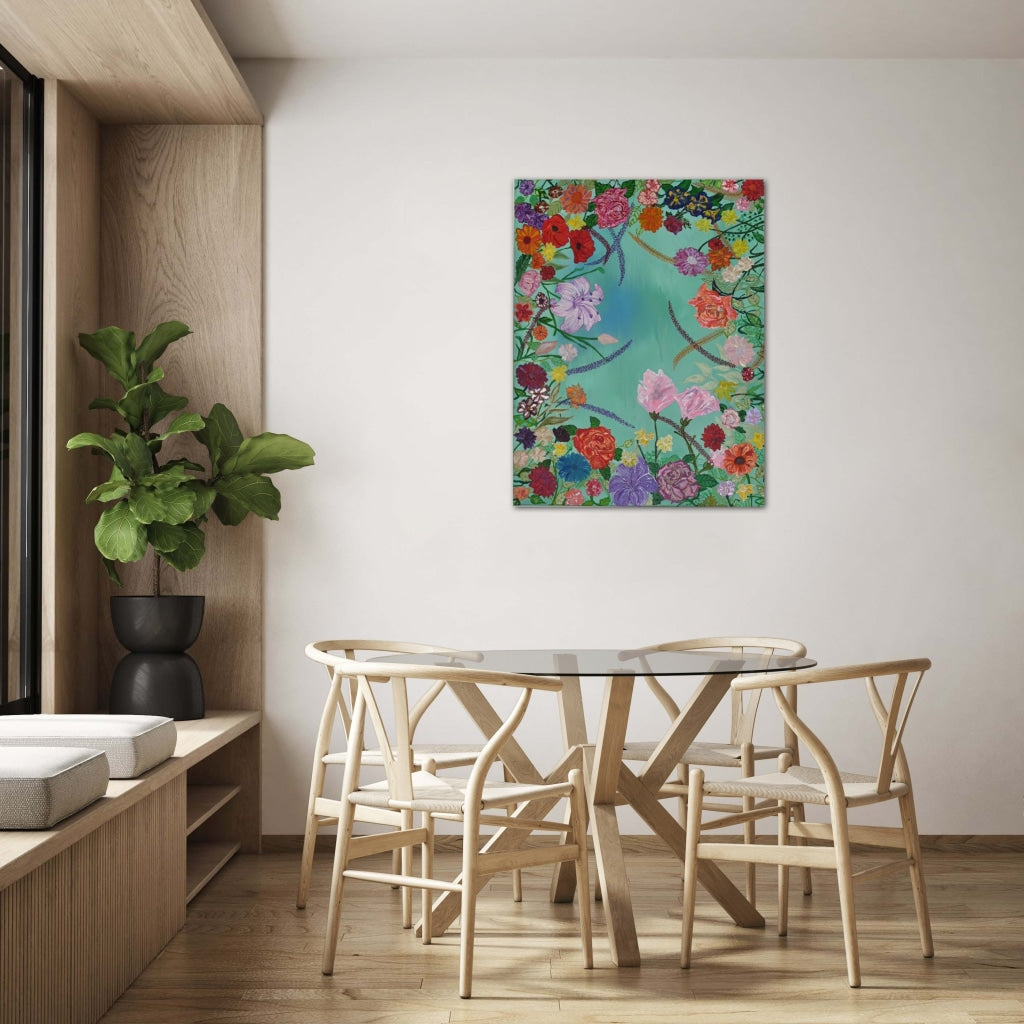 Paradise Flowers In Dreamy Blue A- Mixed Media Ready Bespoke Art Piece / 70X93Cm (27.5X37In)