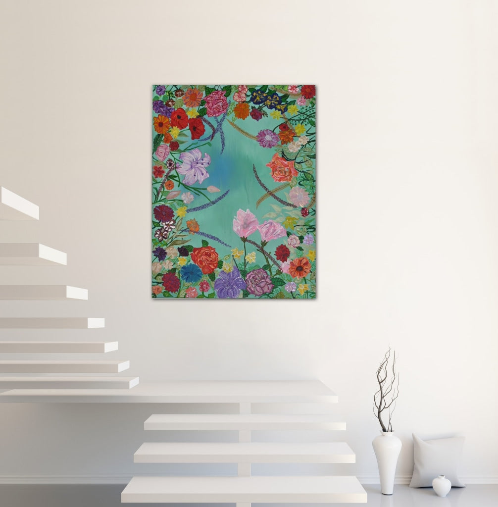 Paradise Flowers In Dreamy Blue A- Mixed Media Ready Bespoke Art Piece / 76X101Cm (30X40In)