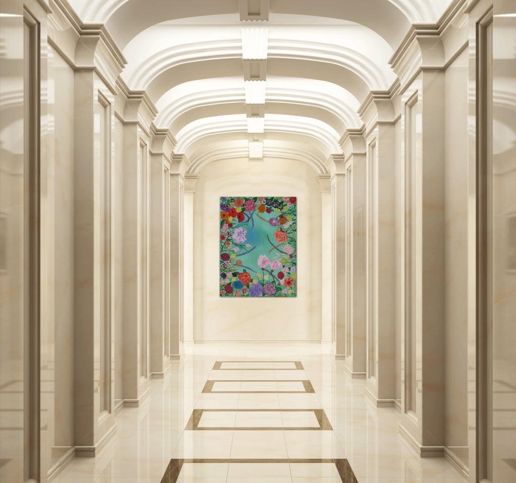 Paradise Flowers In Dreamy Blue A- Mixed Media Ready Bespoke Art Piece / 90X120Cm (35X47In)
