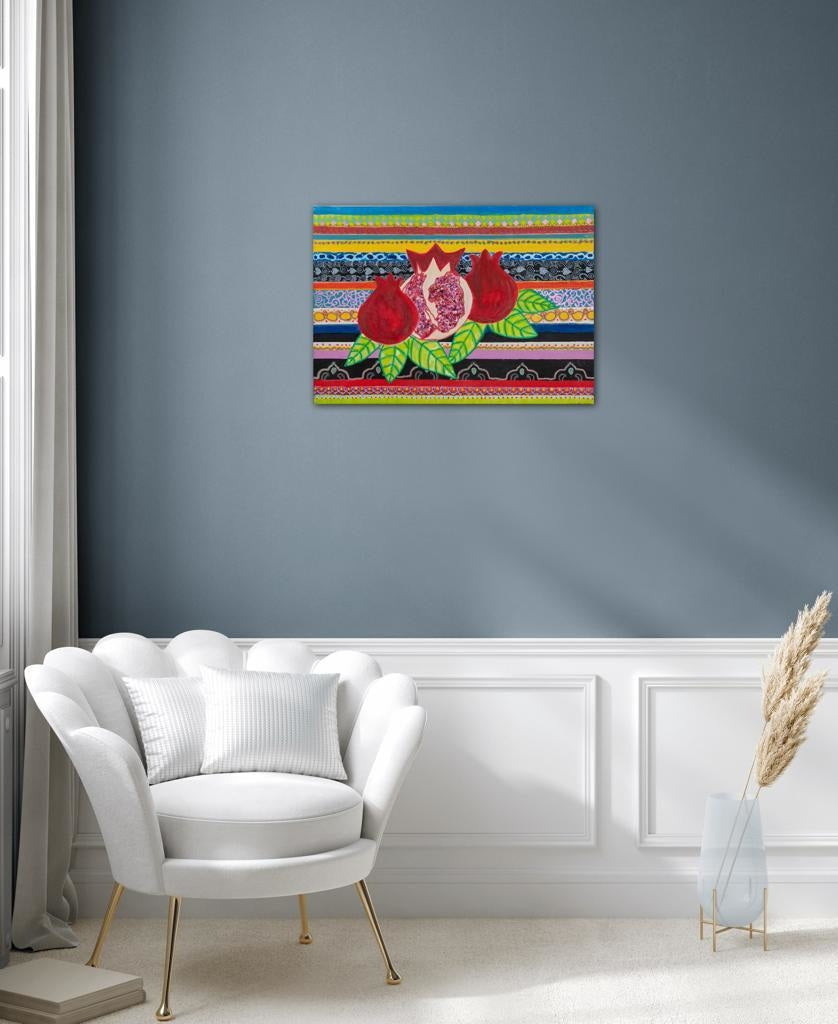 Pomegranates On A Striped Backdrop B- Mixed Media Rolled Art Piece / 46X65Cm (18X25.5In) Bespoke