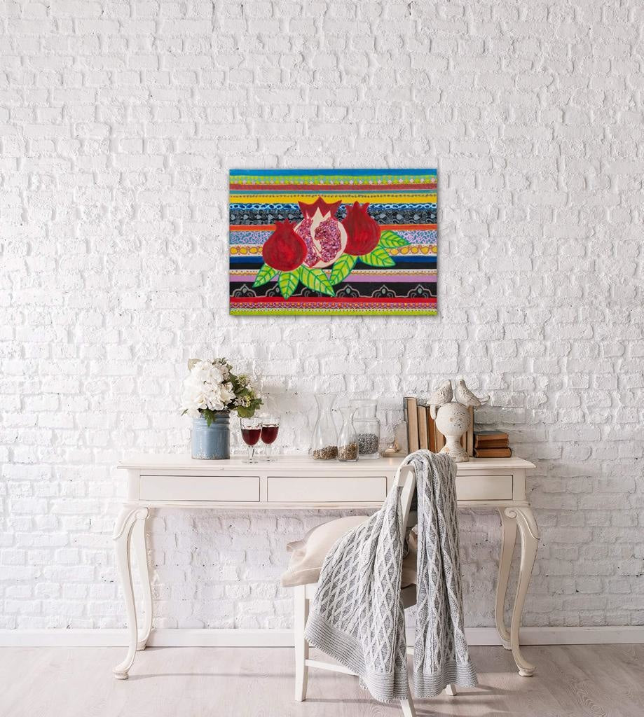 Pomegranates On A Striped Backdrop B- Mixed Media Rolled Art Piece / 90X127 (35X50In) Bespoke
