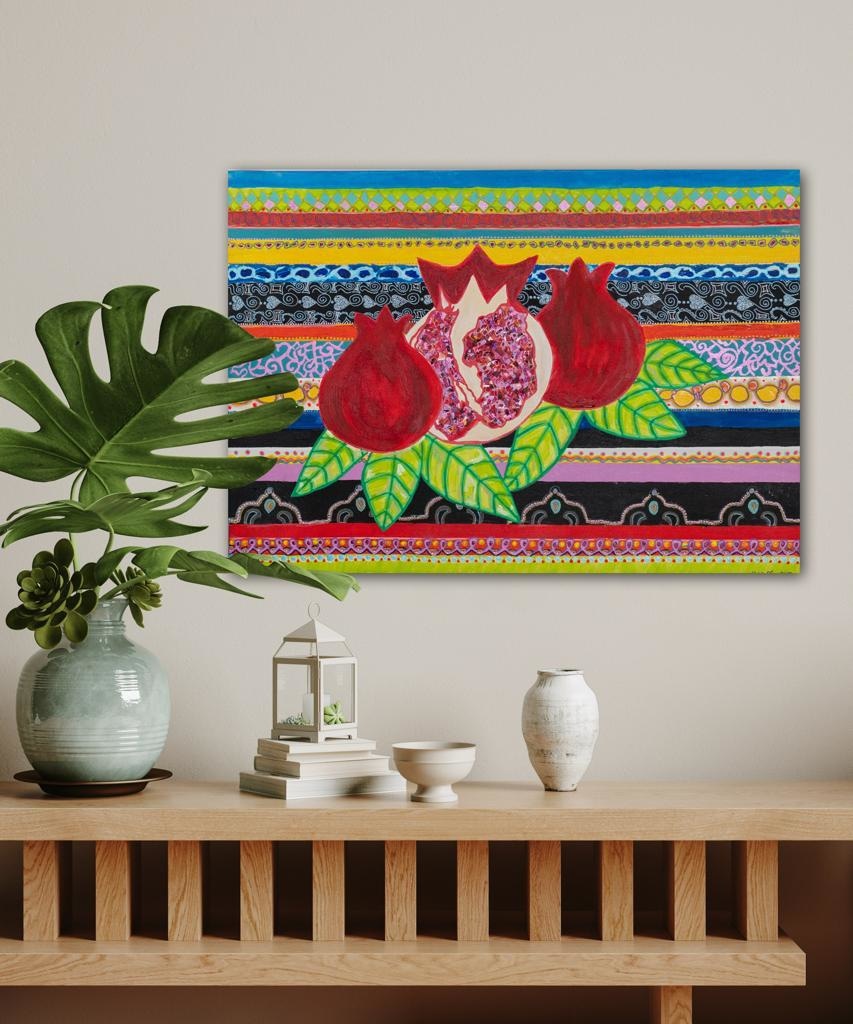 Pomegranates On A Striped Backdrop Bespoke Art