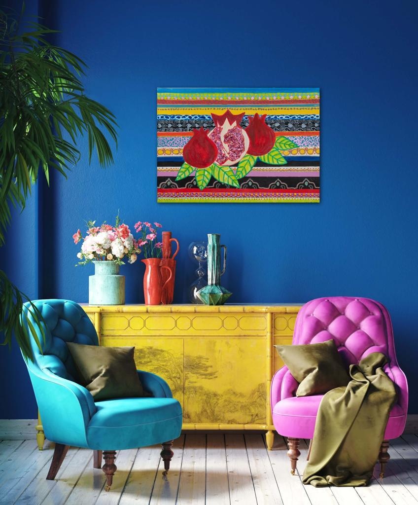 Pomegranates On A Striped Backdrop Bespoke Art