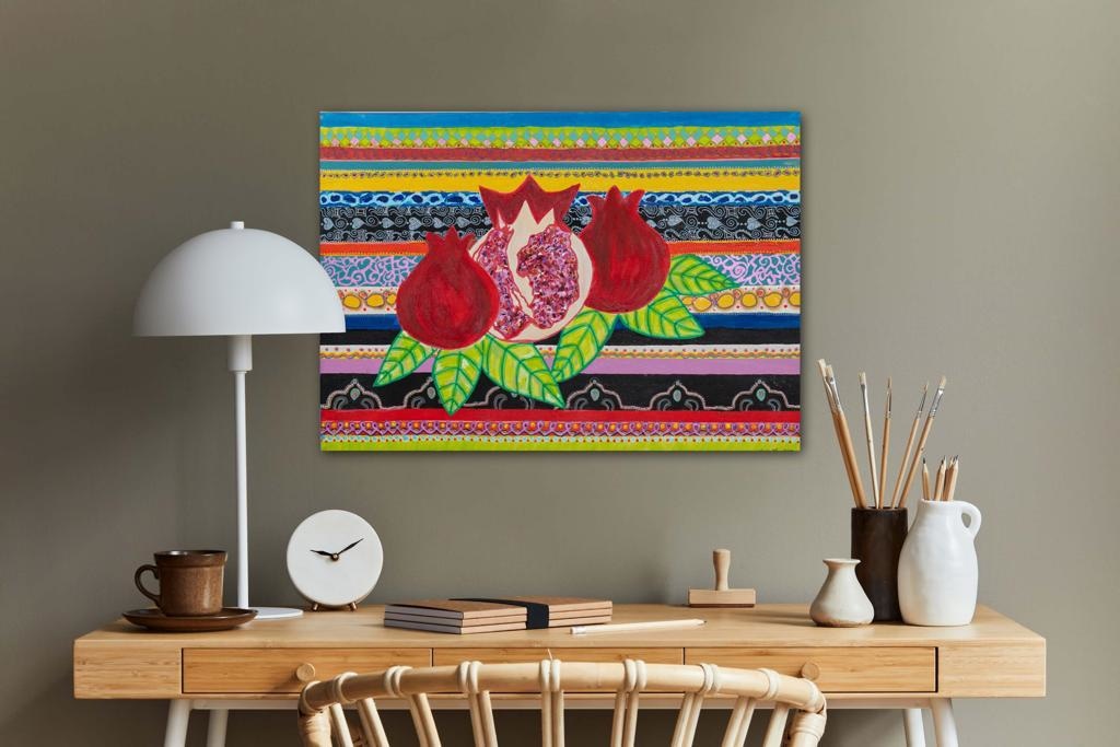 Pomegranates On A Striped Backdrop Bespoke Art