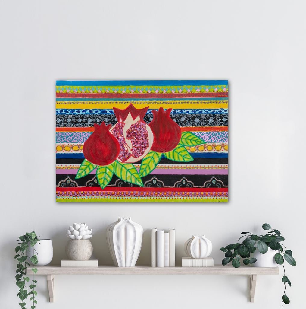 Pomegranates On A Striped Backdrop Bespoke Art