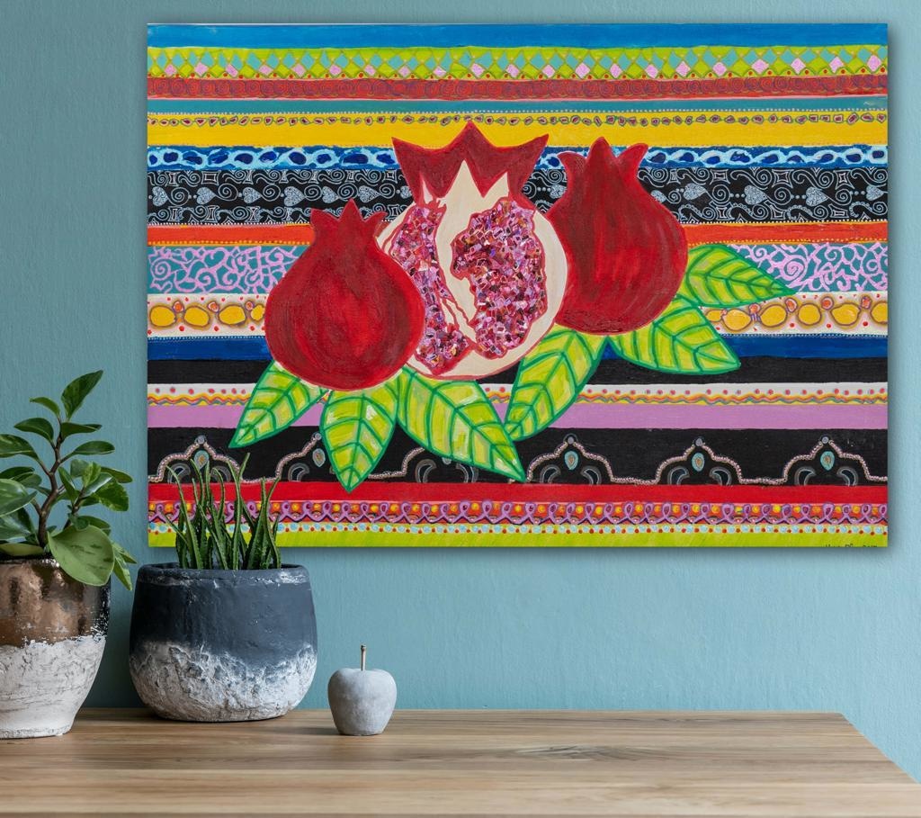 Pomegranates On A Striped Backdrop Bespoke Art