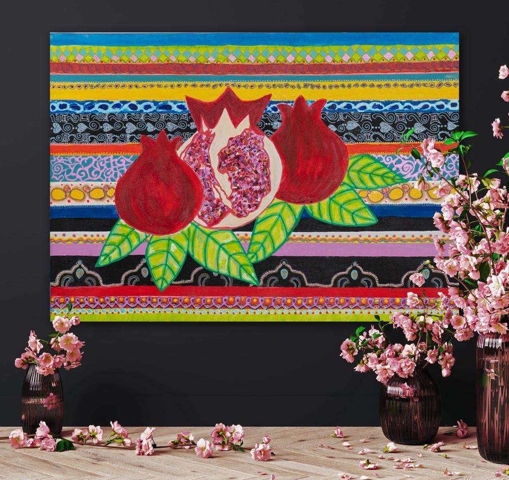 Pomegranates On A Striped Backdrop Bespoke Art