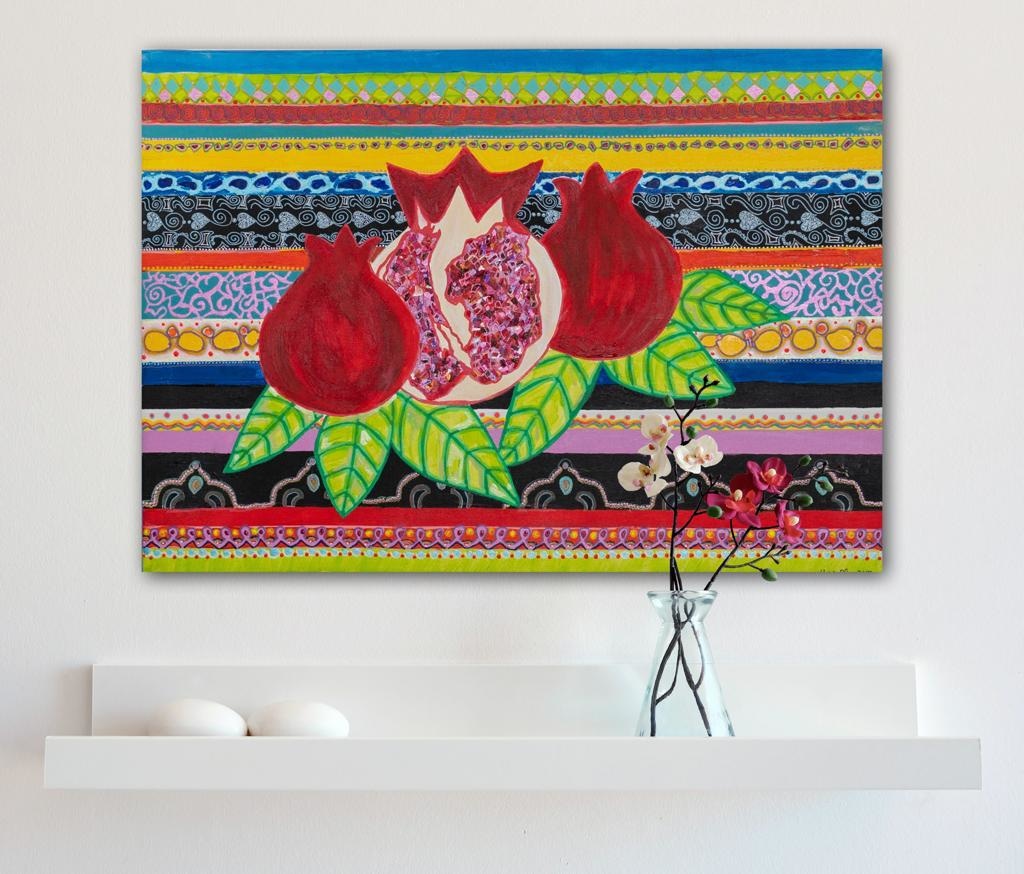 Pomegranates On A Striped Backdrop Bespoke Art