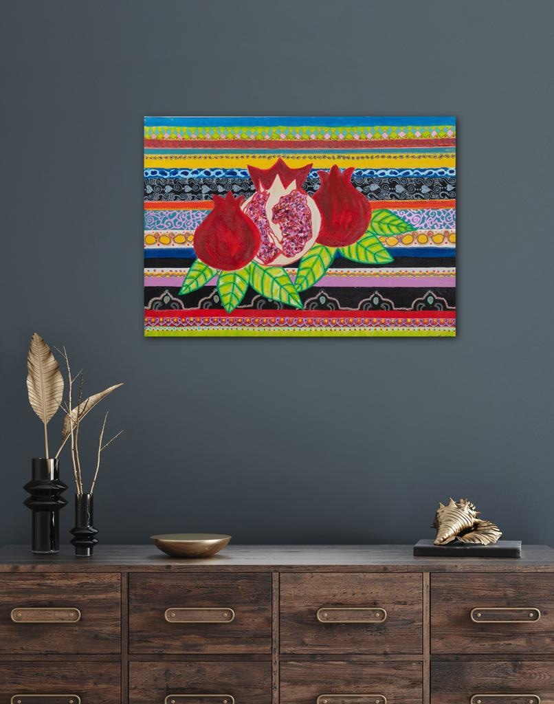 Pomegranates On A Striped Backdrop Bespoke Art