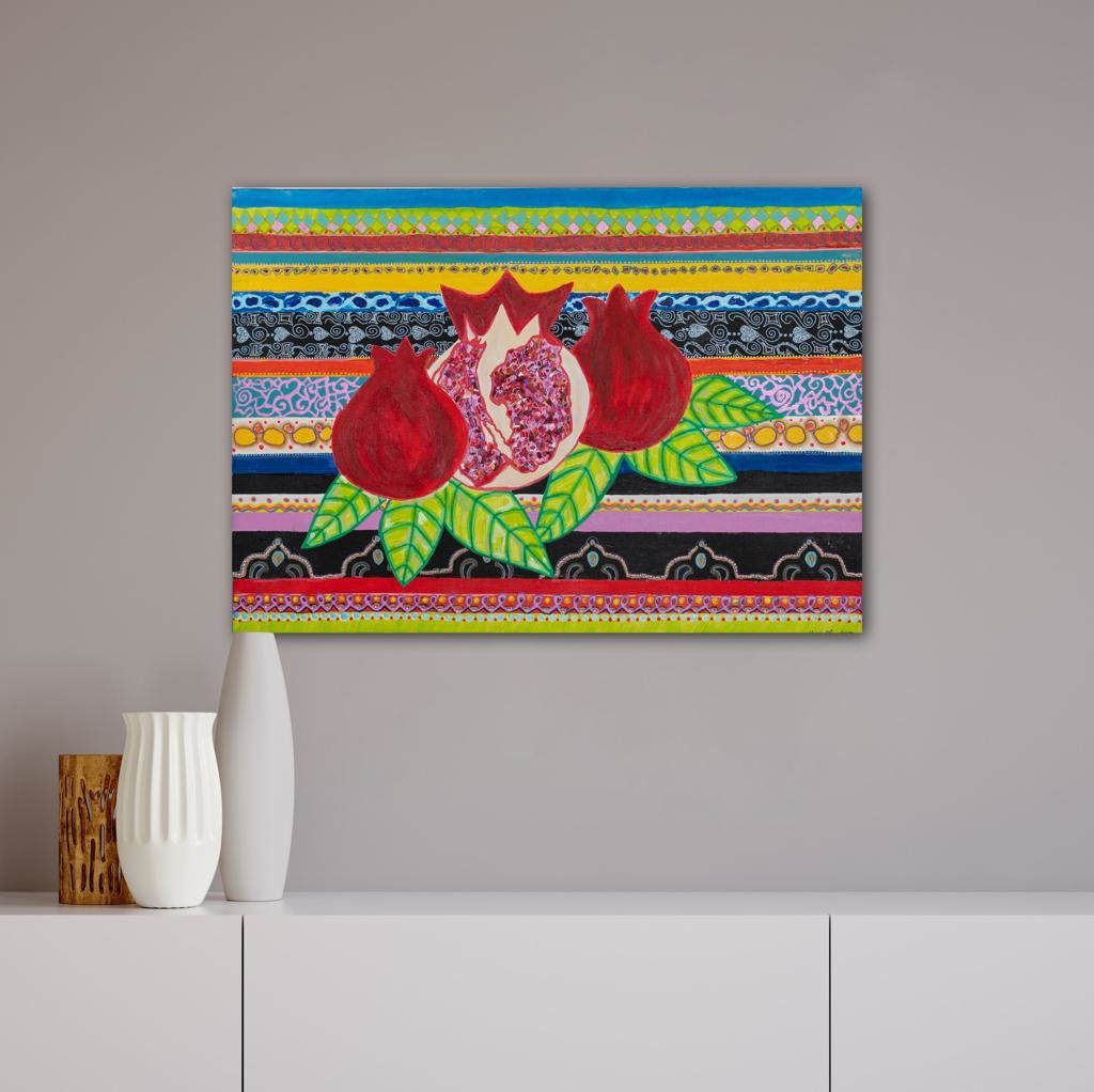 Pomegranates On A Striped Backdrop Bespoke Art